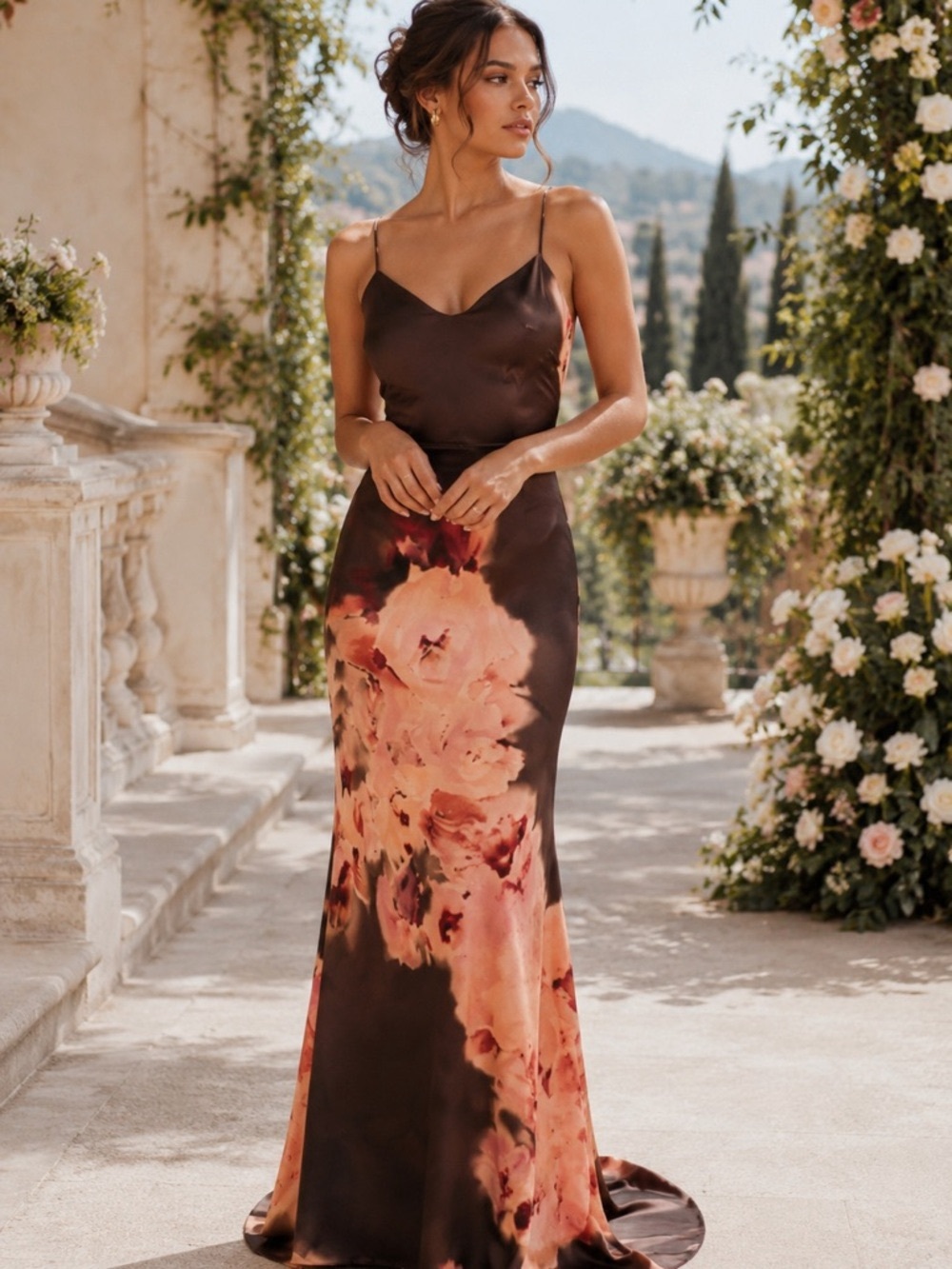 House of CB Mariamma Dark Brown Floral Printed Satin Maxi Dress - Picture 1 of 16